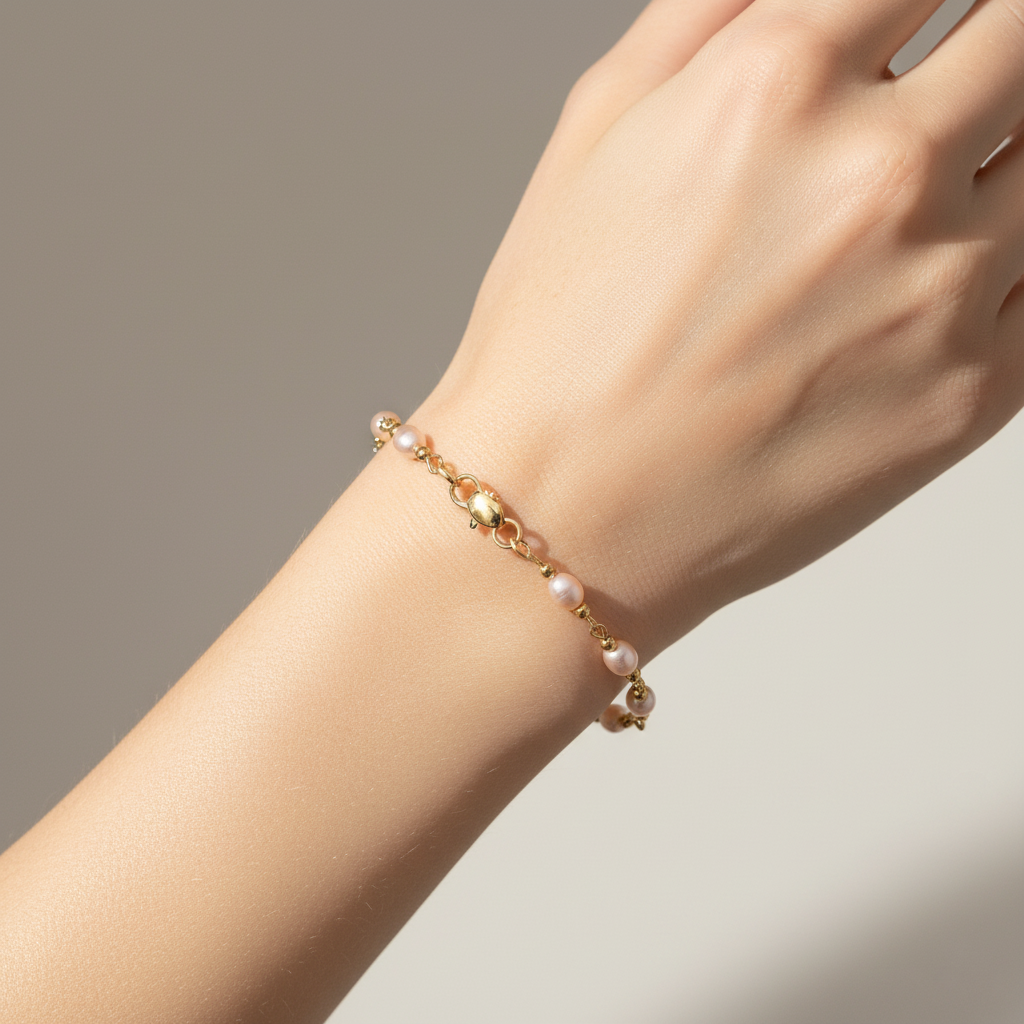 Pink pearl bracelet with gold chain worn on wrist, elegant feminine style
