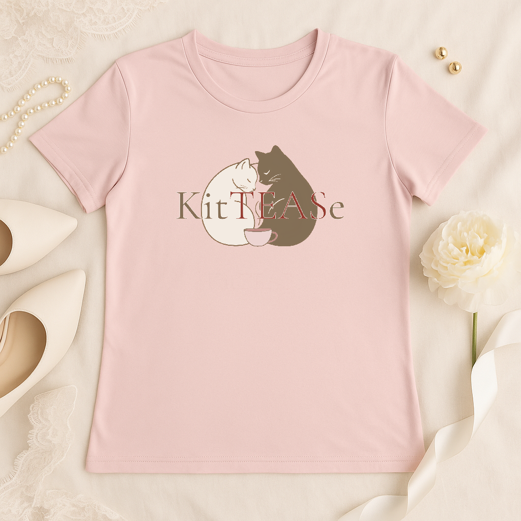 Flat lay of pink t-shirt with cat, coffee cup, and cozy nap illustration