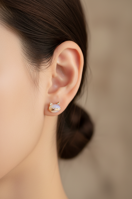 Mini Opal Cat Stud Earrings in 925 Sterling Silver