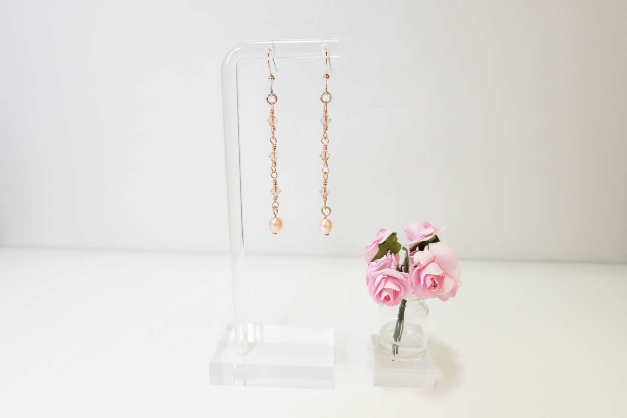 Blush Pearl Cascade Earrings — Swarovski Crystal & Freshwater Pearl in Rose Gold
