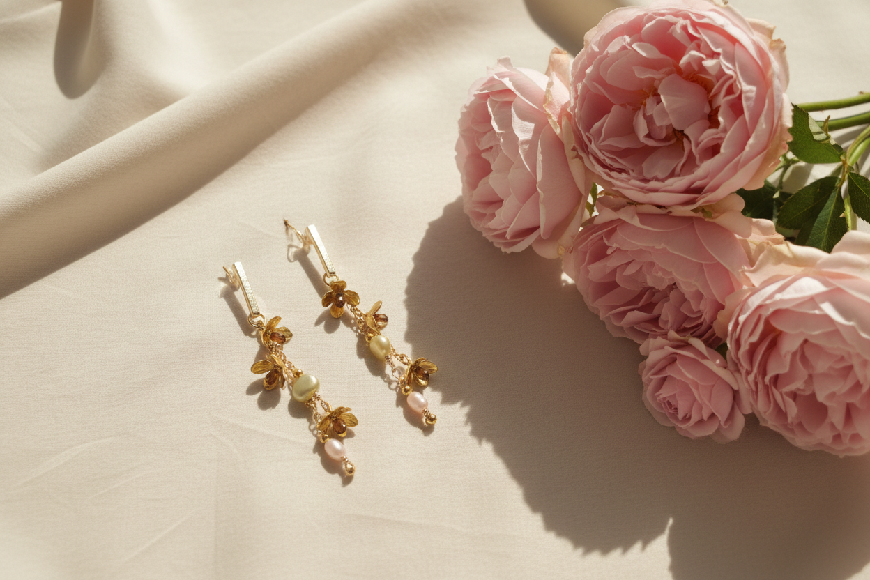 close-up of pearl and gold botanical dangle earrings with pink roses
