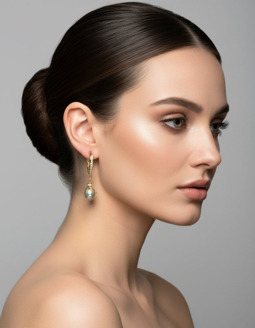 Woman wearing 14k gold-plated blue freshwater pearl earrings with cubic zirconia crystal accents — KitTEASe Creations
