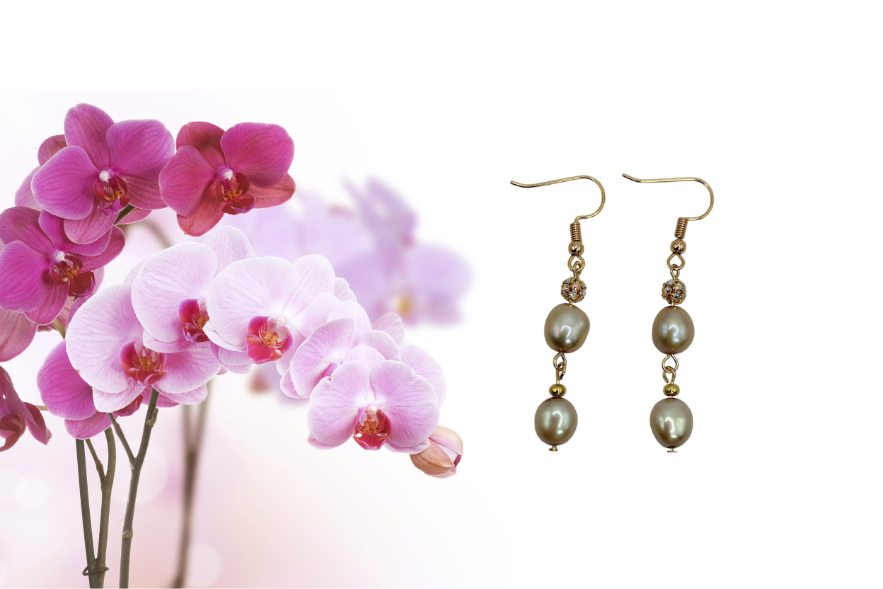 Champagne Freshwater Pearl Drop Earrings – 18k Gold plated Crystal Accent Dangles