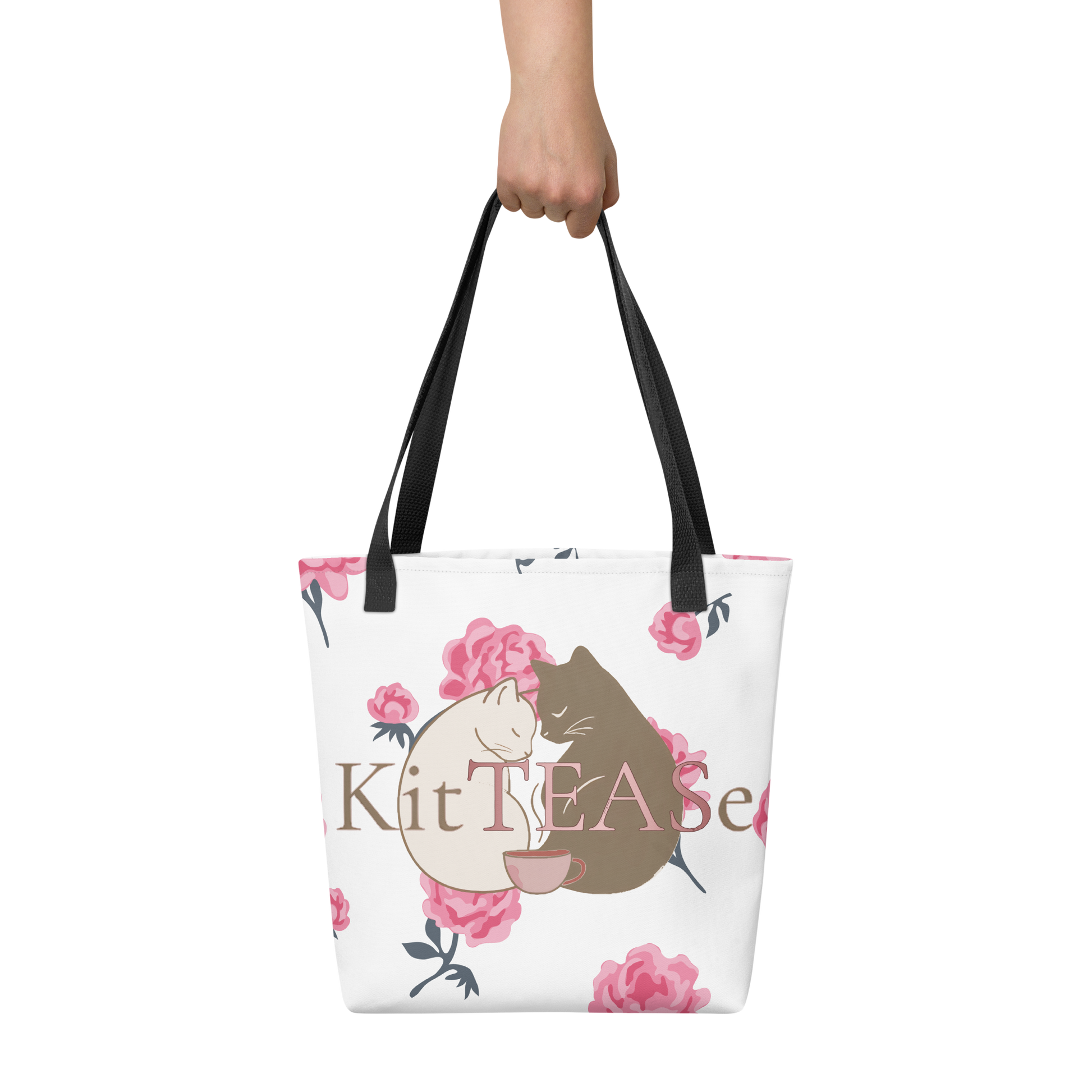 White cat tote bag with roses and cuddling cats graphic — black handles — KitTEASe Creations
