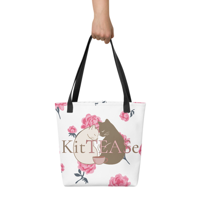 White cat tote bag with roses and cuddling cats graphic — black handles — KitTEASe Creations
