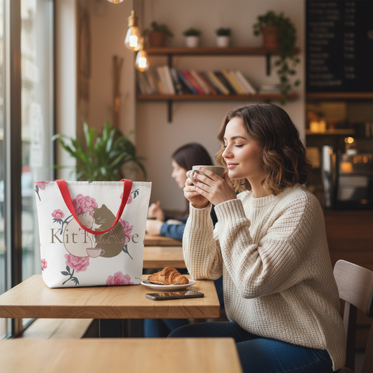 Woman in a cozy café enjoying coffee with a limited edition KitTEASe Creations tote bag featuring cuddling cats and pink roses on the table.
