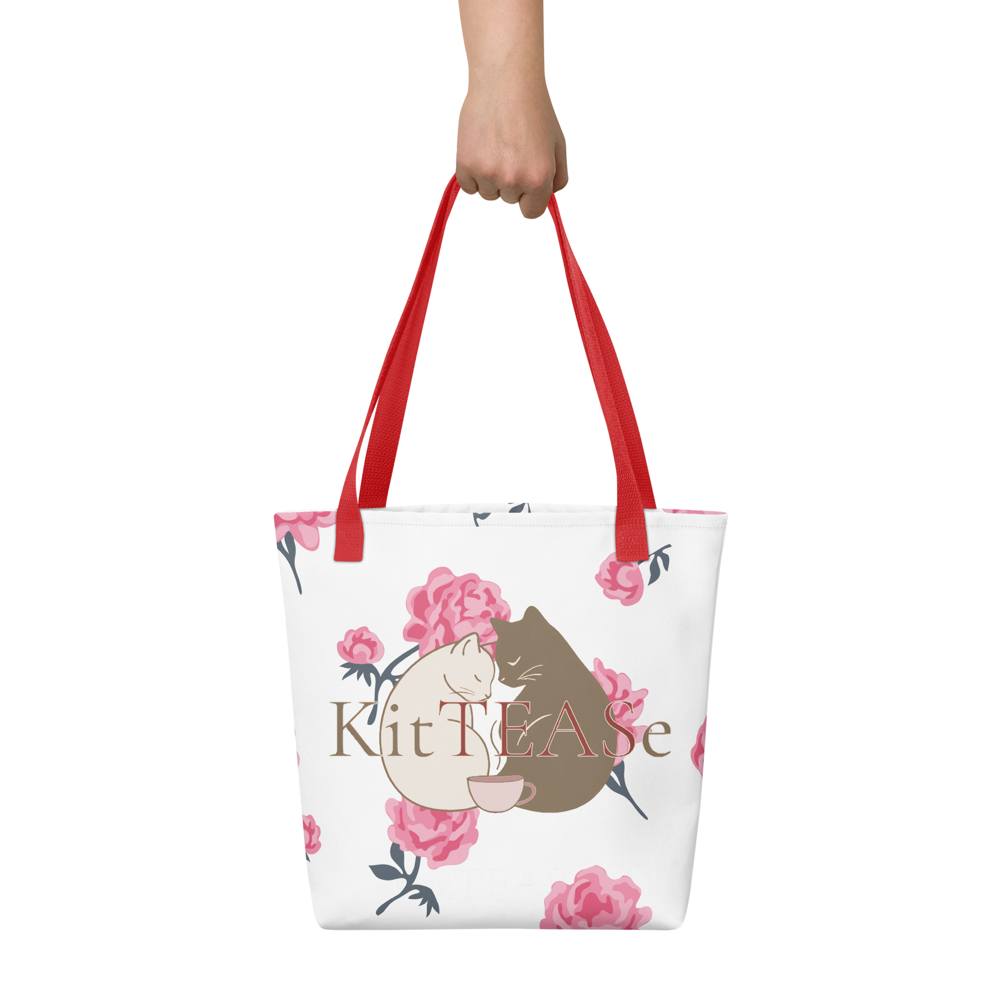 Limited edition cat tote bag with Earl Grey and Chamomile artwork and pink roses — red handles — KitTEASe Creations
