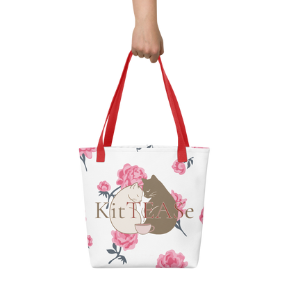 Limited edition cat tote bag with Earl Grey and Chamomile artwork and pink roses — red handles — KitTEASe Creations

