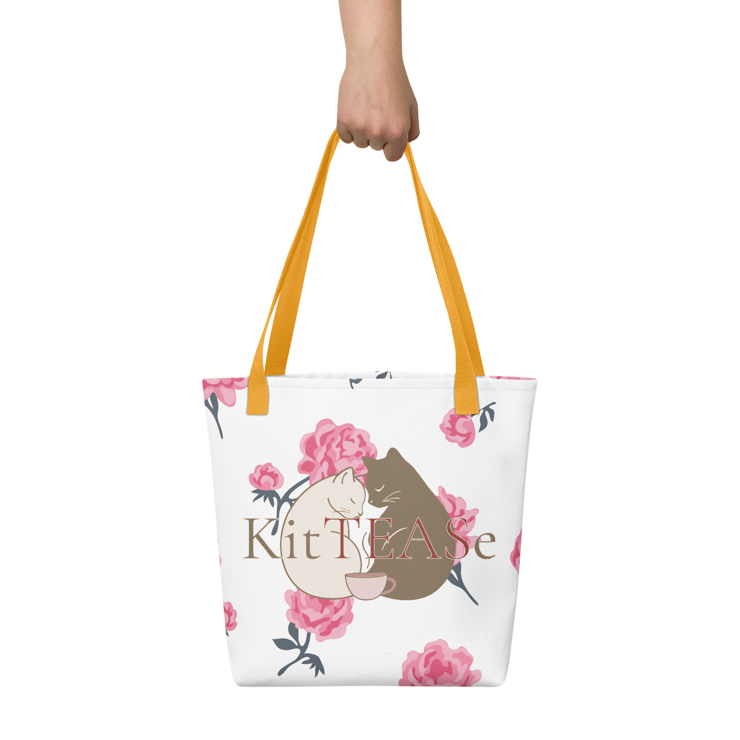 Cat lover tote bag with floral design and Earl & Chamie cats — yellow handles — KitTEASe Creations Limited Edition
