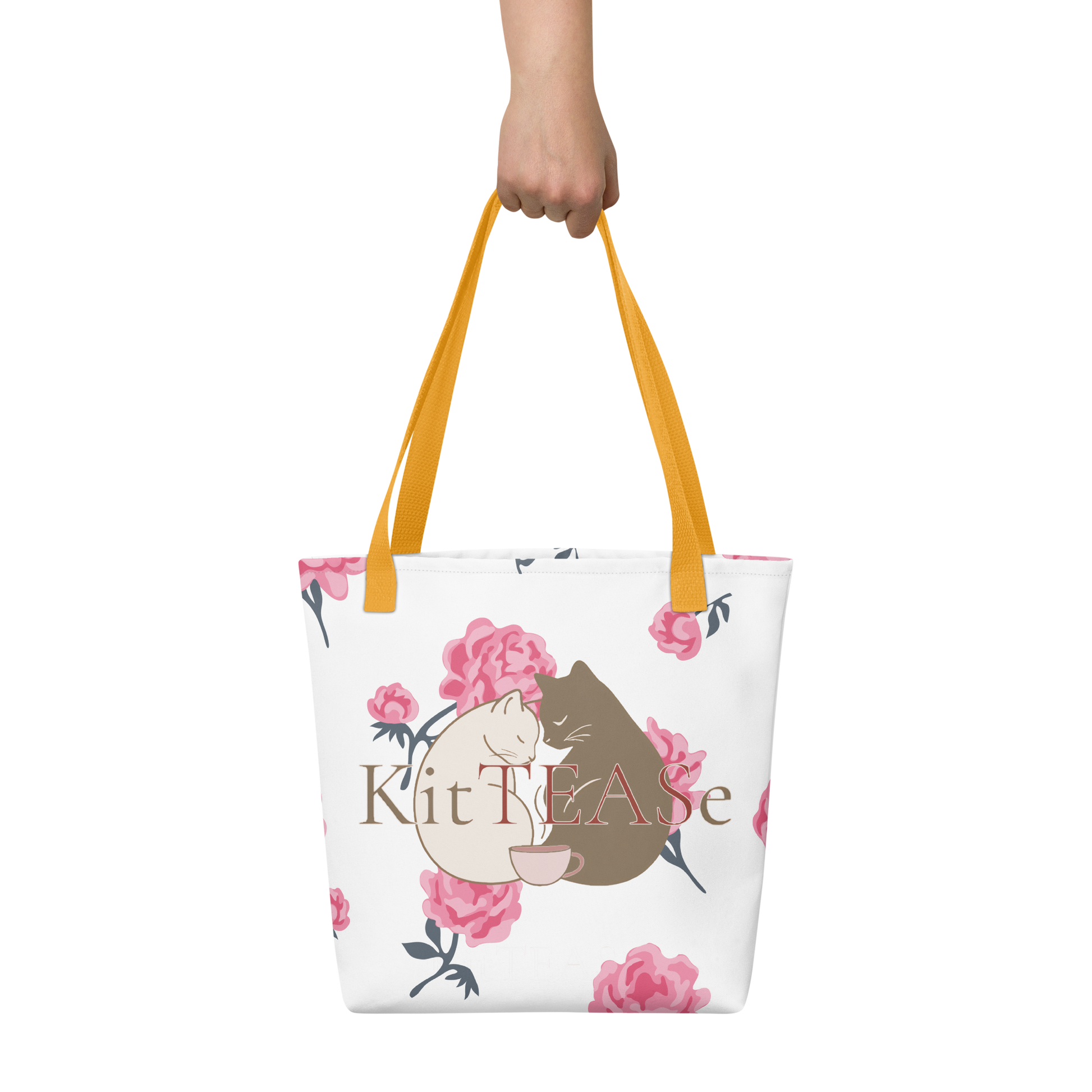 Cat lover tote bag with floral design and Earl & Chamie cats — yellow handles — KitTEASe Creations Limited Edition
