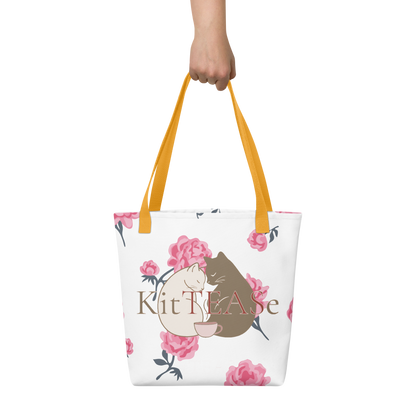 Cat lover tote bag with floral design and Earl & Chamie cats — yellow handles — KitTEASe Creations Limited Edition
