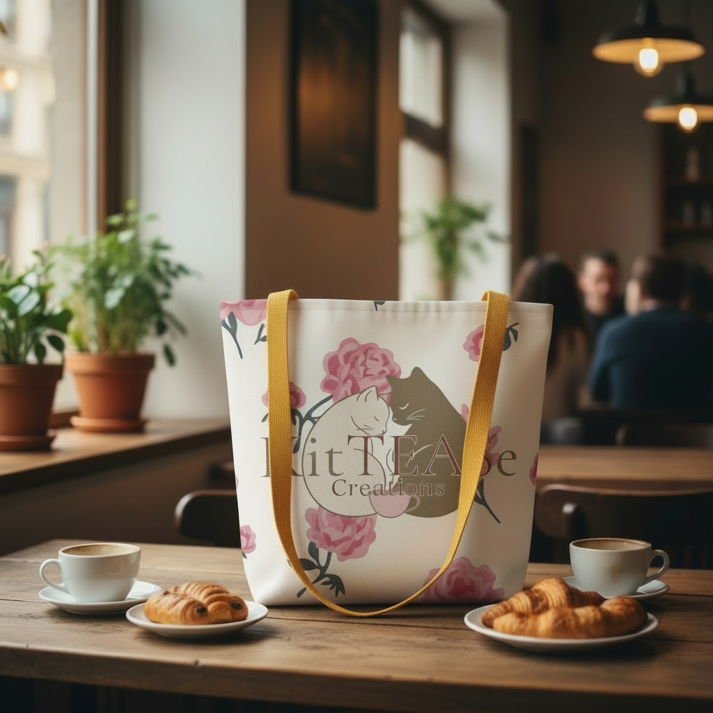 Limited edition KitTEASe Creations tote bag with cat illustration and roses, placed on café table for lifestyle aesthetic

