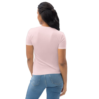 Back view of light pink t-shirt worn by model with simple modern style