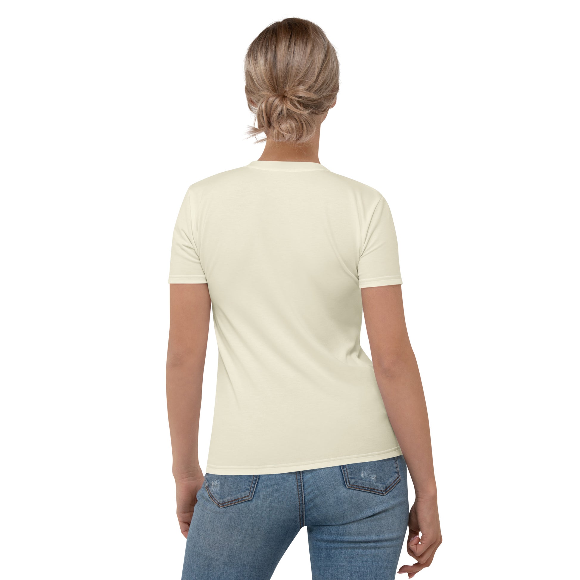 Back view of woman wearing cream sunflower cat line art t-shirt — KitTEASe Creations apparel
