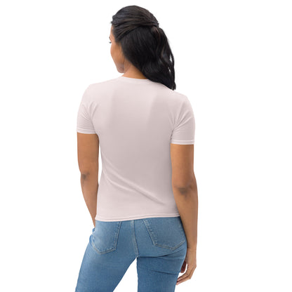 Back view of plain light pink t-shirt worn by model
