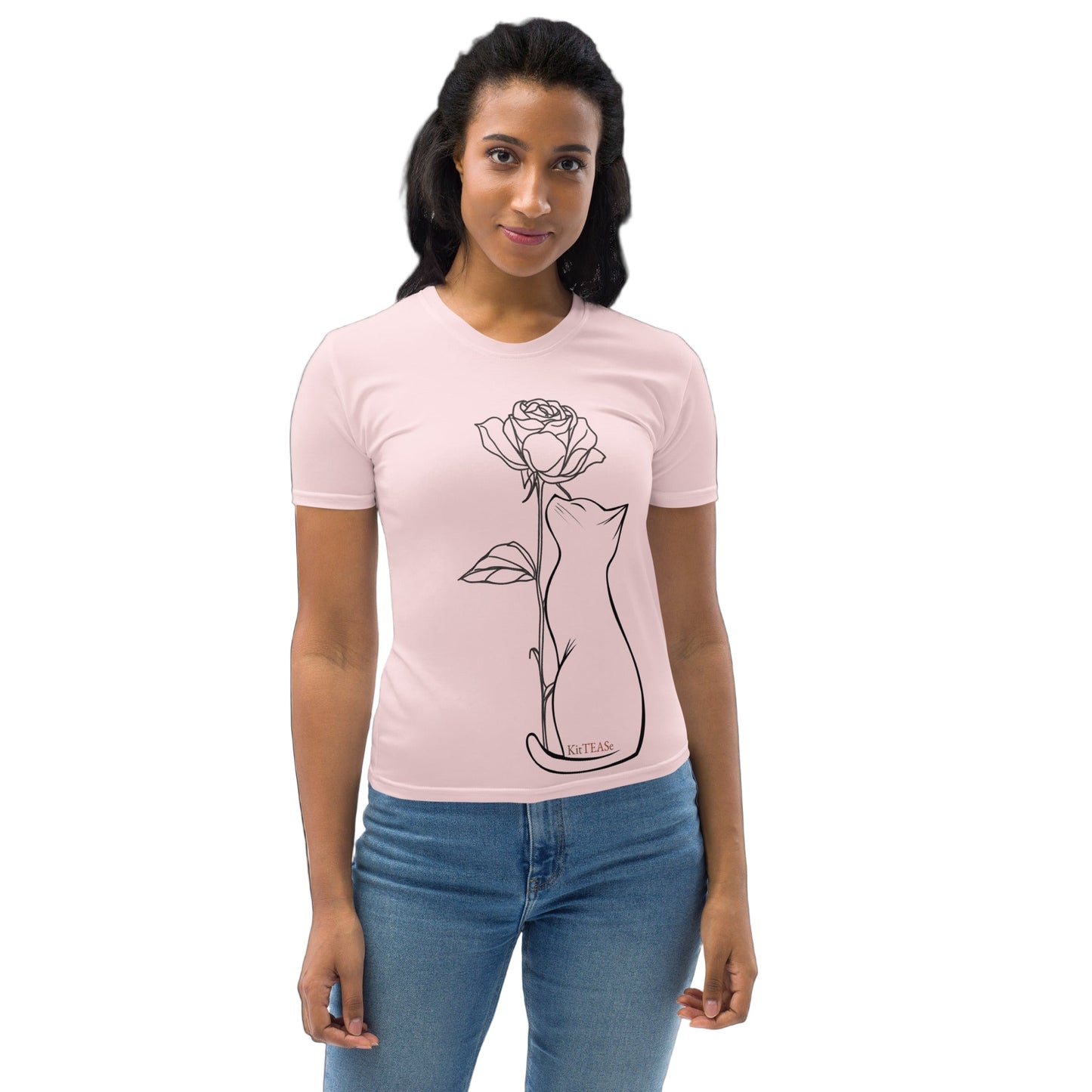 model wearing light pink t-shirt with minimalist cat line rose flower art illustration