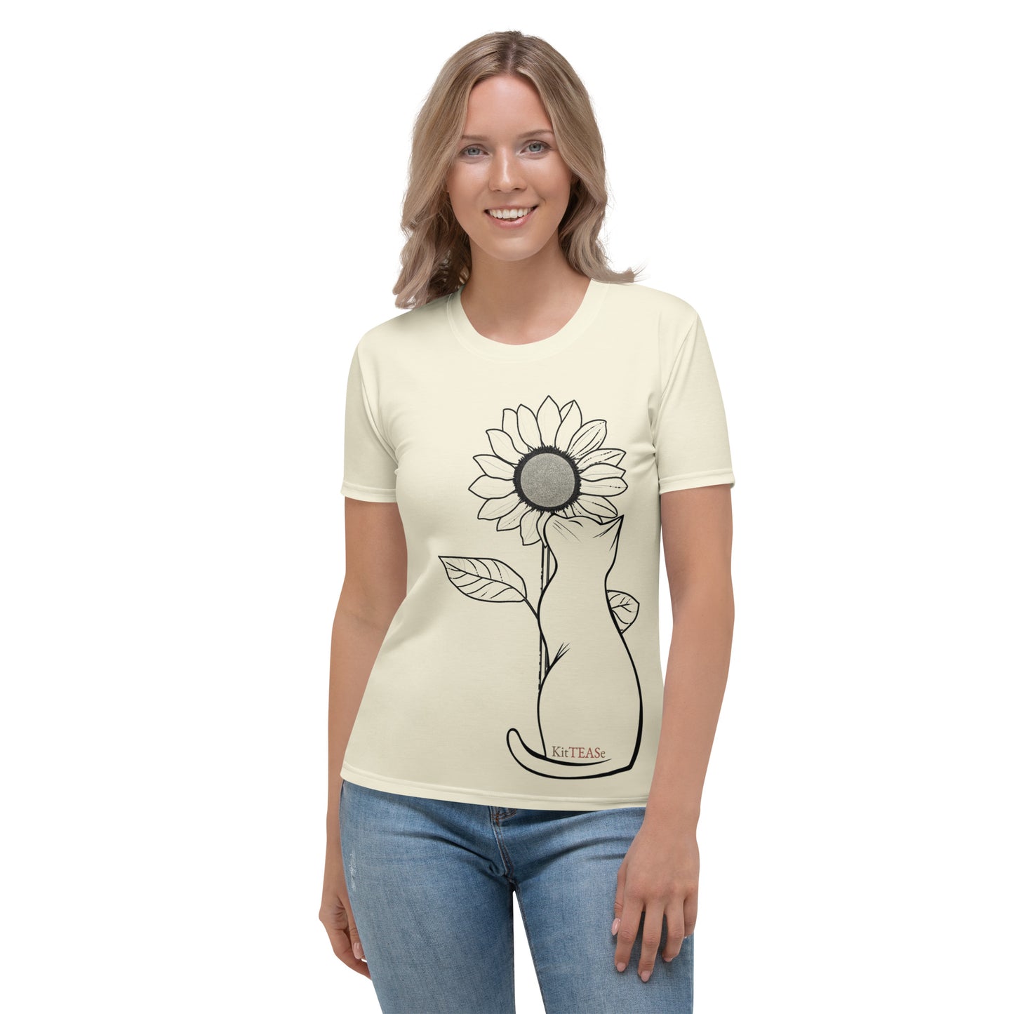 Woman wearing a cream t-shirt with minimalist sunflower cat line art on the front — KitTEASe Creations
