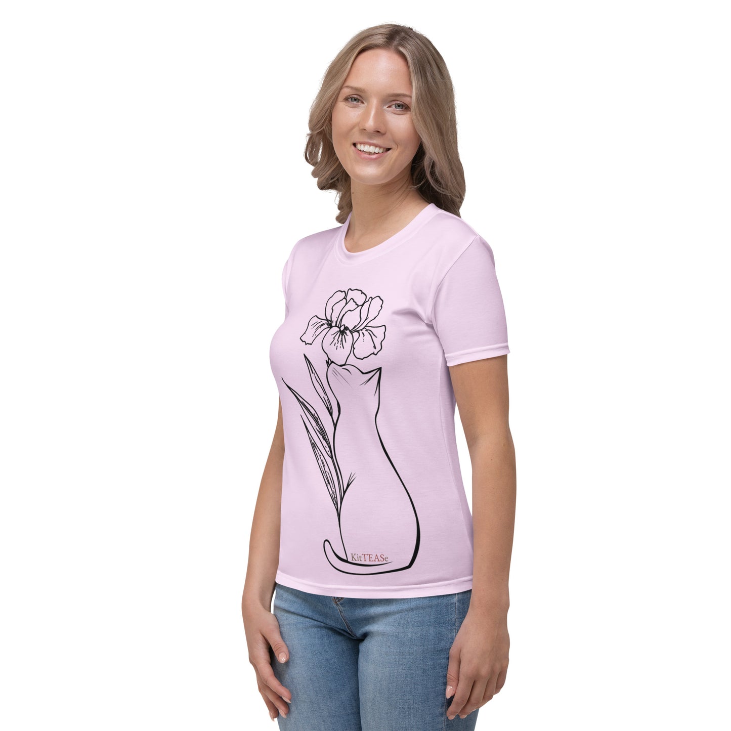 Side view of light pink t-shirt with elegant cat silhouette line art design — KitTEASe Creations fashion
