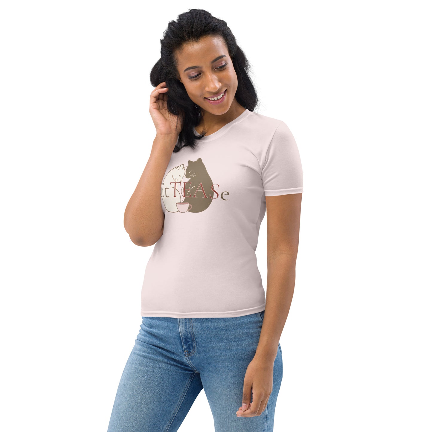 Side angle view of pink cat coffee nap graphic t-shirt worn by model