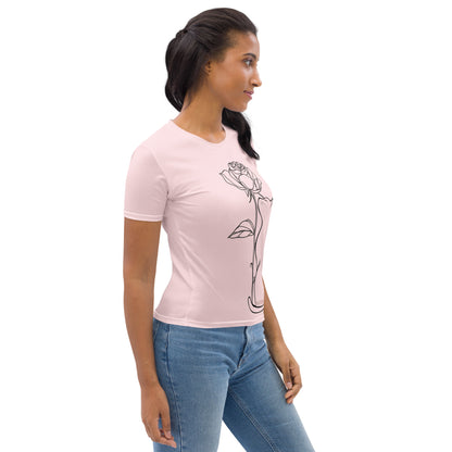 model in pink cat graphic tee with elegant feline line drawing