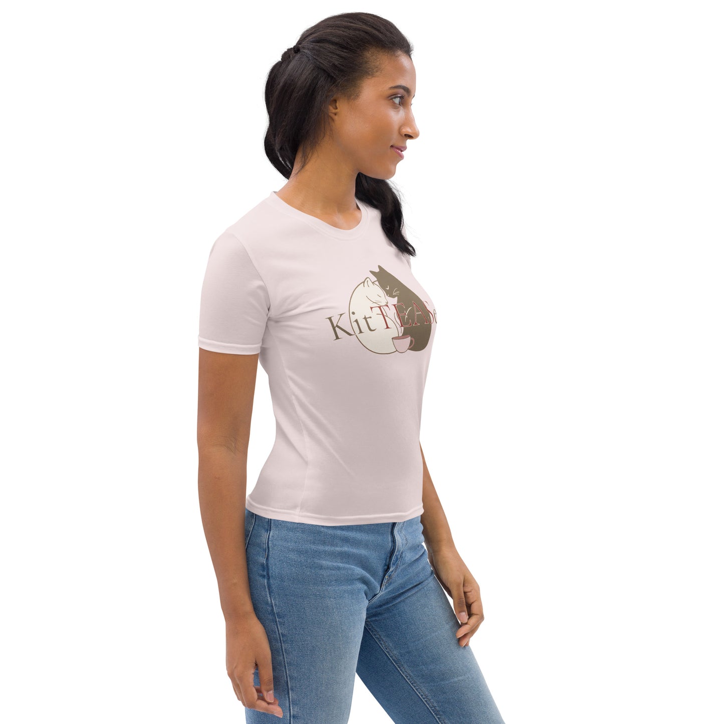 Side angle view of pink cat coffee nap graphic t-shirt worn by model