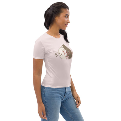 Side angle view of pink cat coffee nap graphic t-shirt worn by model