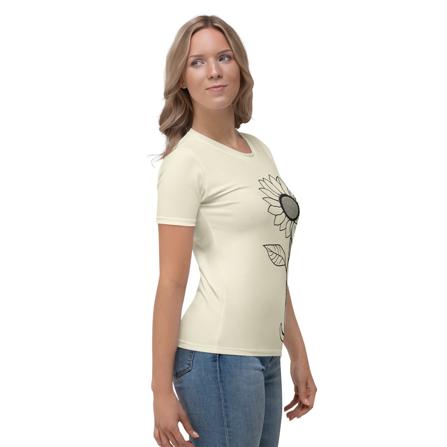 Side angle of woman wearing cozy cream tee with sunflower cat minimalist design — KitTEASe Creations
