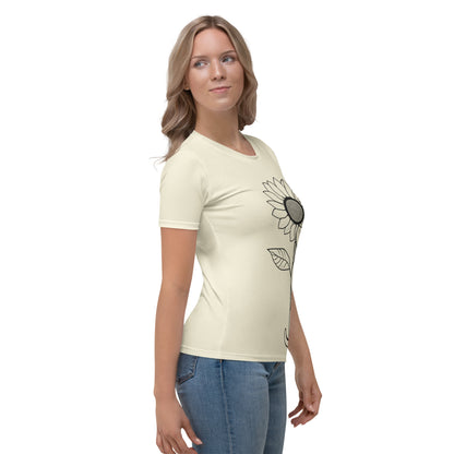 Side angle of woman wearing cozy cream tee with sunflower cat minimalist design — KitTEASe Creations
