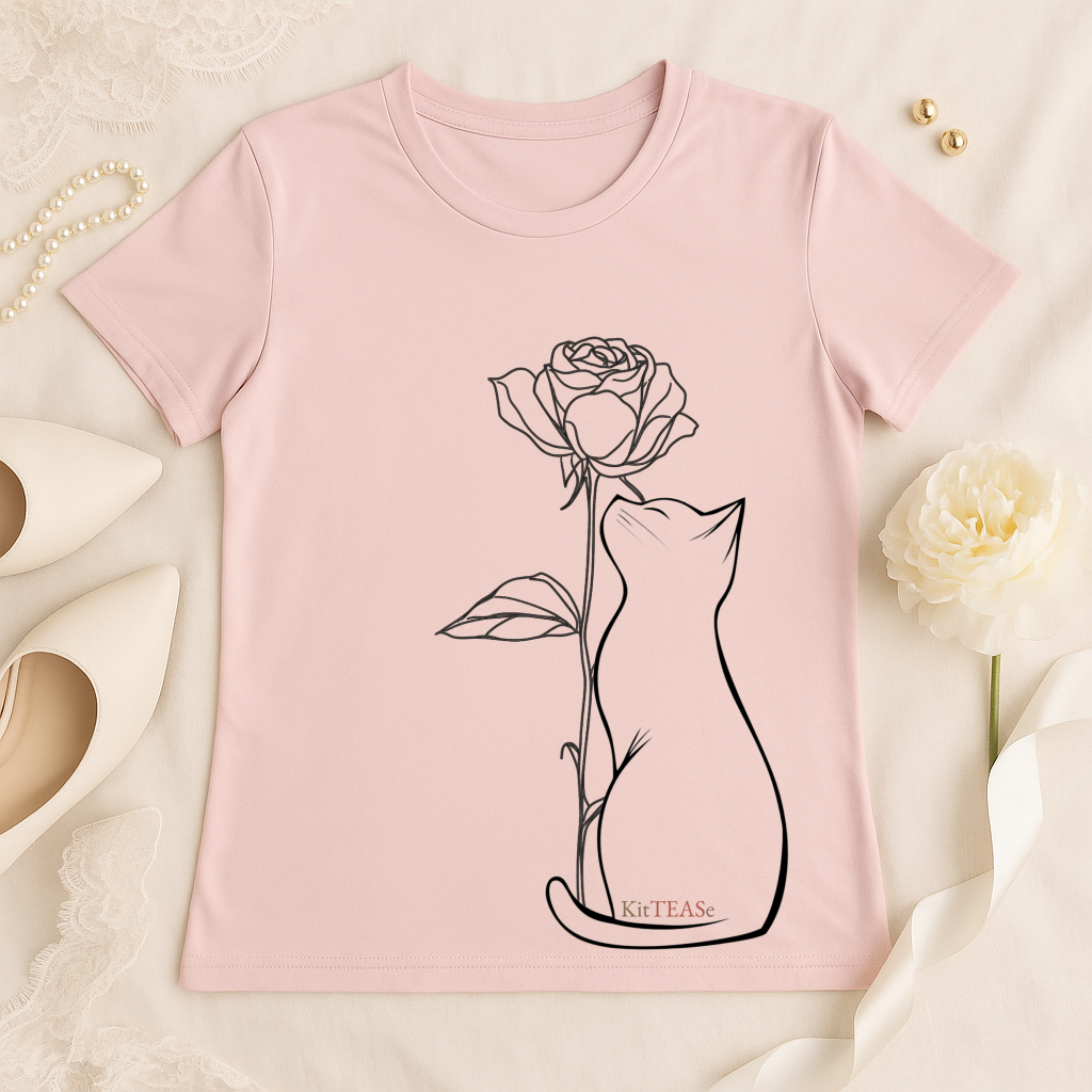 Flat lay of pink t-shirt featuring minimalist cat line art design on chest