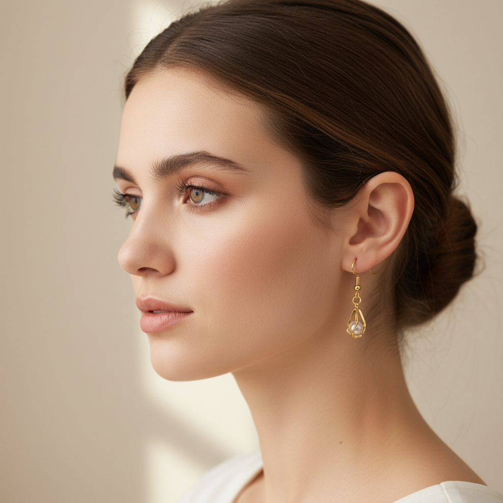 18K Gold-Plated Pearl Cage Earrings — Delicate Teardrop Glow