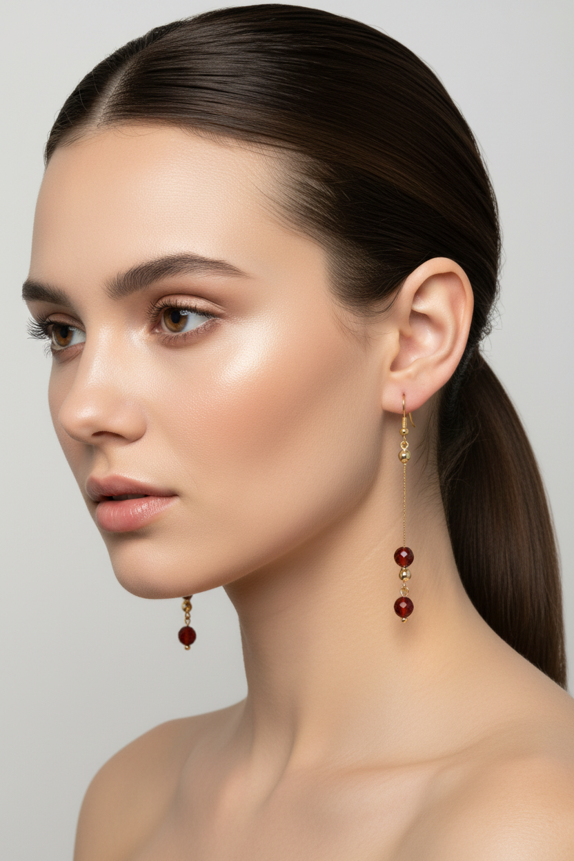 model wearing Gold-plated dangle earrings with deep red agate faceted beads on a white background.