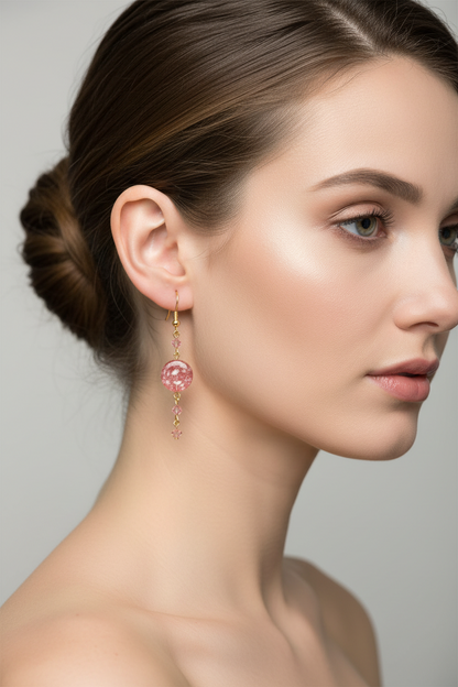 Side view of woman wearing pink candy quartz dangle earrings with gold-plated hooks — KitTEASe Creations jewelry
