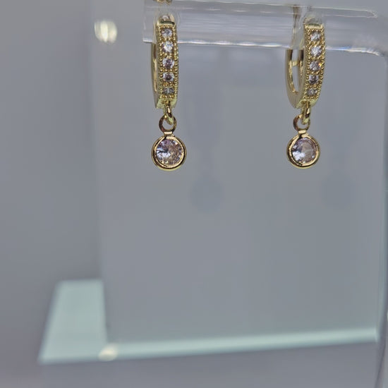 Delicate Gold-Plated Pavé Huggie Earrings with Round Crystal Charm