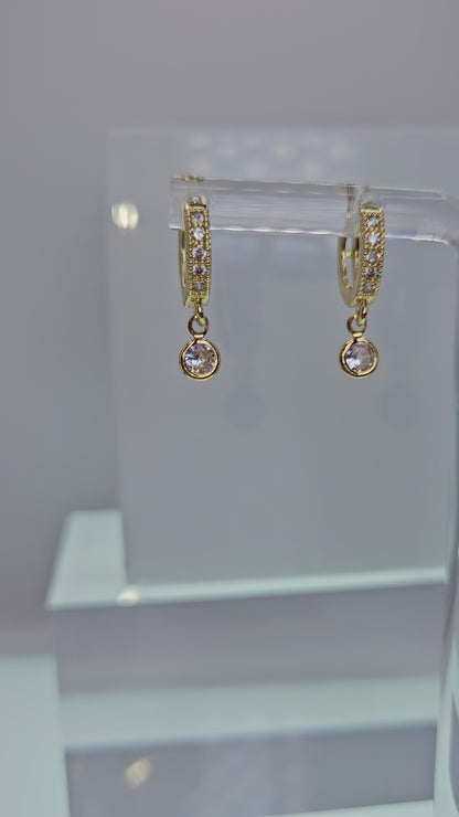 Delicate Gold-Plated Pavé Huggie Earrings with Round Crystal Charm