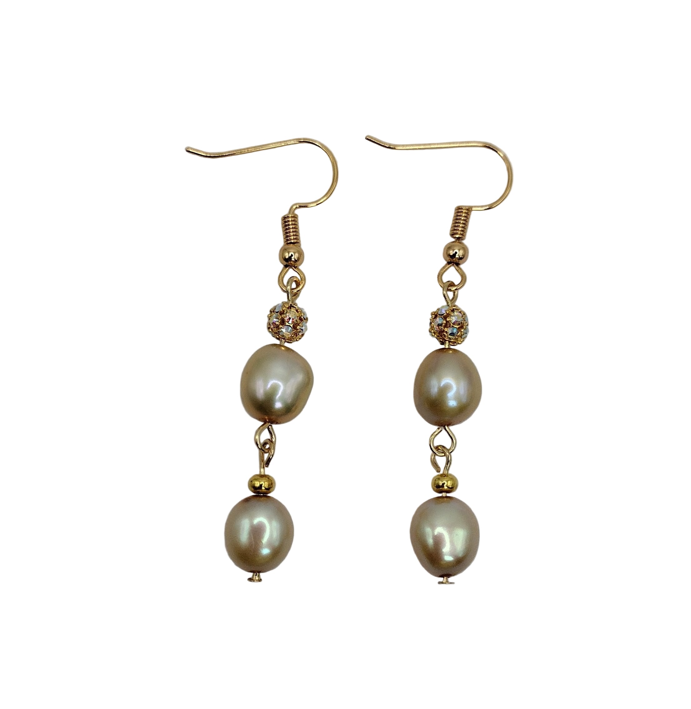 Champagne freshwater pearl drop earrings with crystal accents and gold hooks on a white background — KitTEASe Creations
