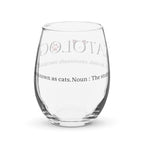 Clear stemless wine glass with Catology logo design on white background