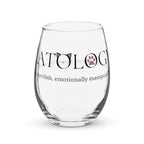 Clear stemless wine glass with Catology logo design on white background