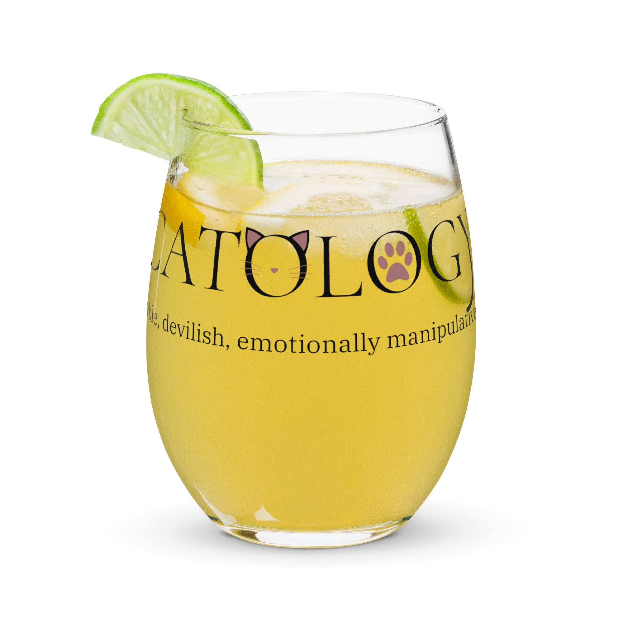 Catology wine glass mockup with yellow drink and lemon garnish on white background