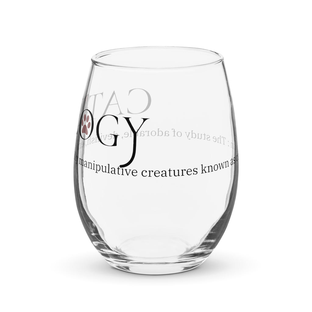 Clear stemless wine glass with Catology logo design on white background