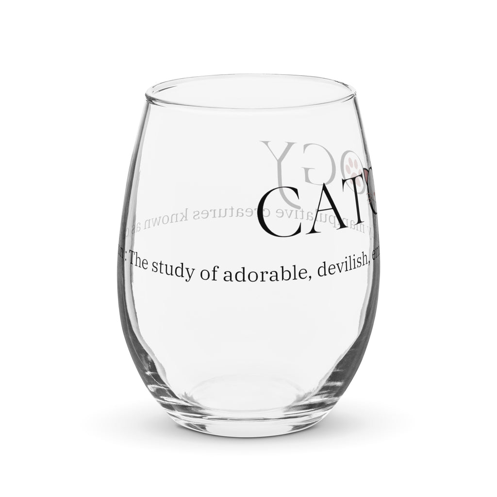 Clear stemless wine glass with Catology logo design on white background