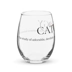 Clear stemless wine glass with Catology logo design on white background