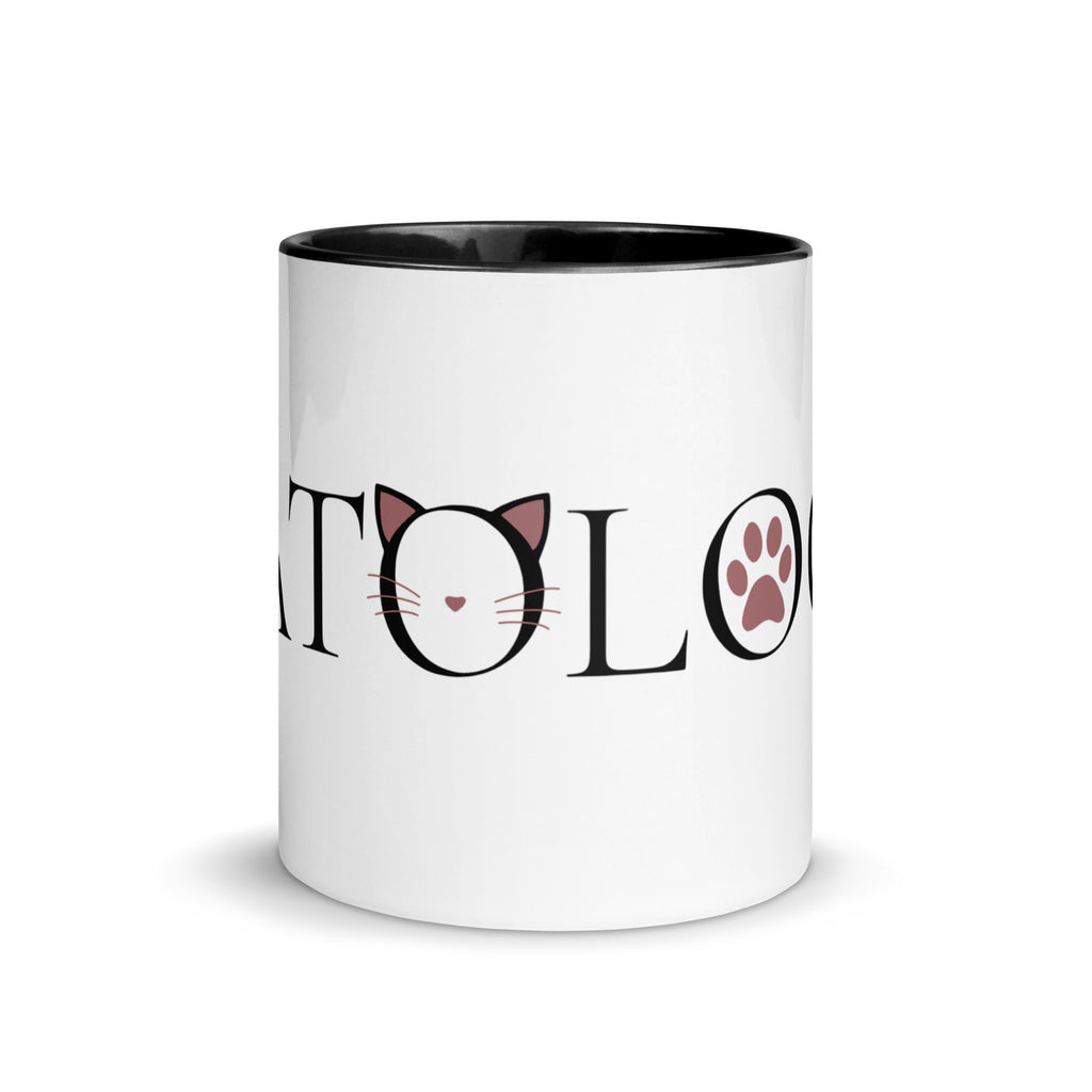 White ceramic mug with black handle and Catology logo on front