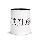 White ceramic mug with black handle and Catology logo on front