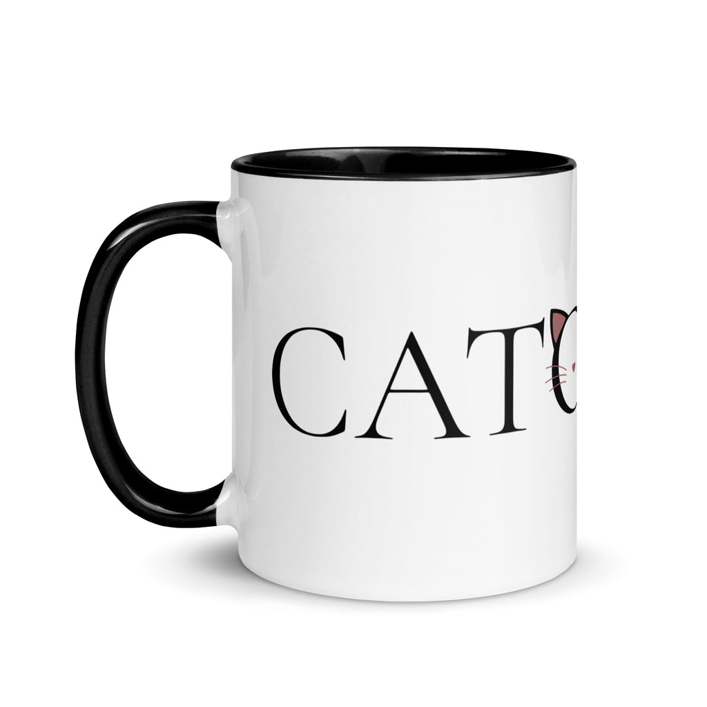 Side view of Catology mug with black handle on white background