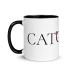 Side view of Catology mug with black handle on white background
