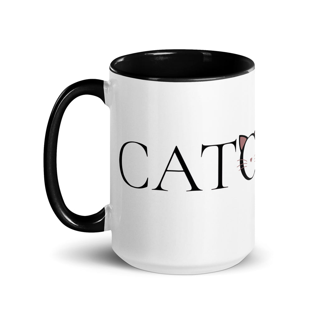 Side view of Catology mug with black handle on white background