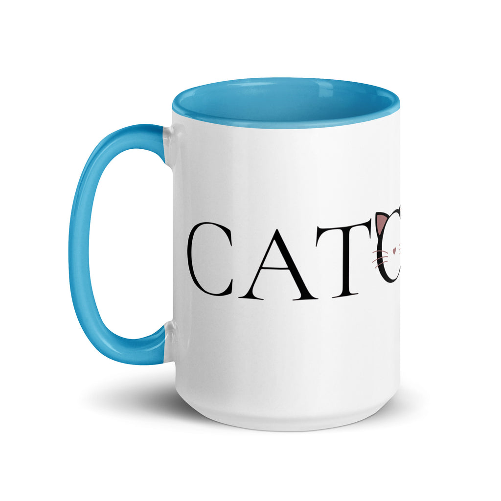 Side view of Catology mug with blue handle on white background