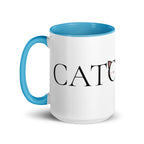 Side view of Catology mug with blue handle on white background