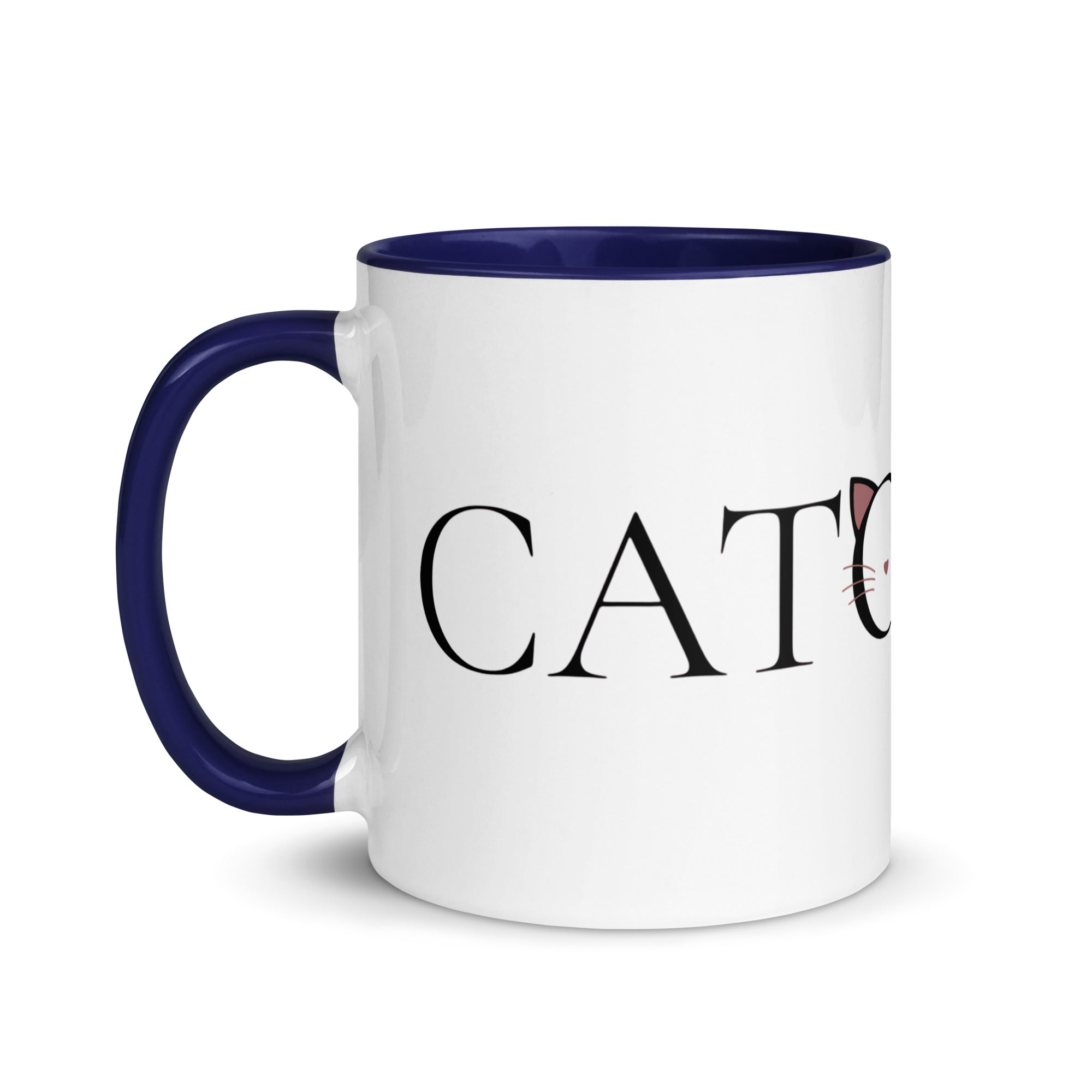 Side view of Catology mug with dark blue handle on white background