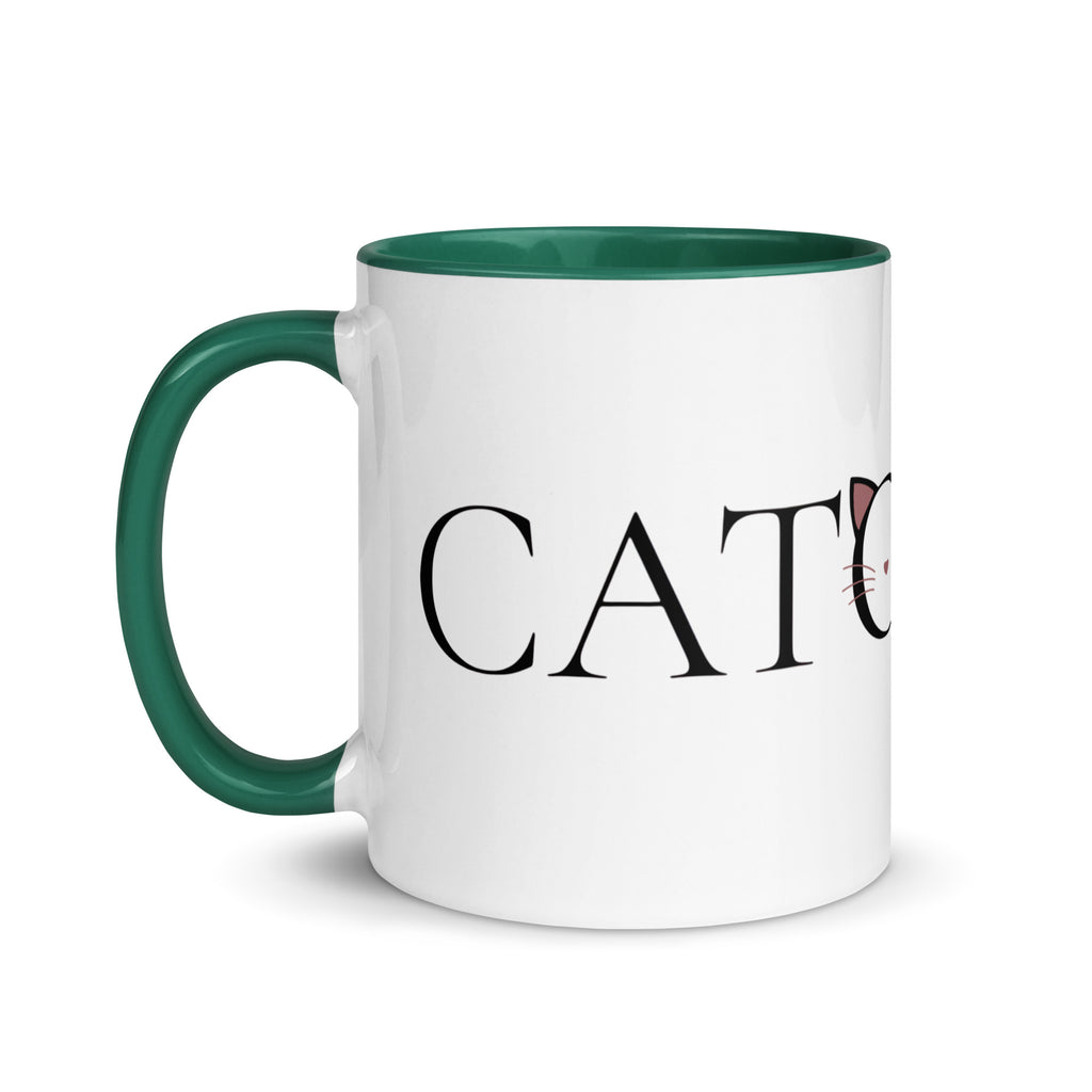 Side view of Catology mug with green handle on white background